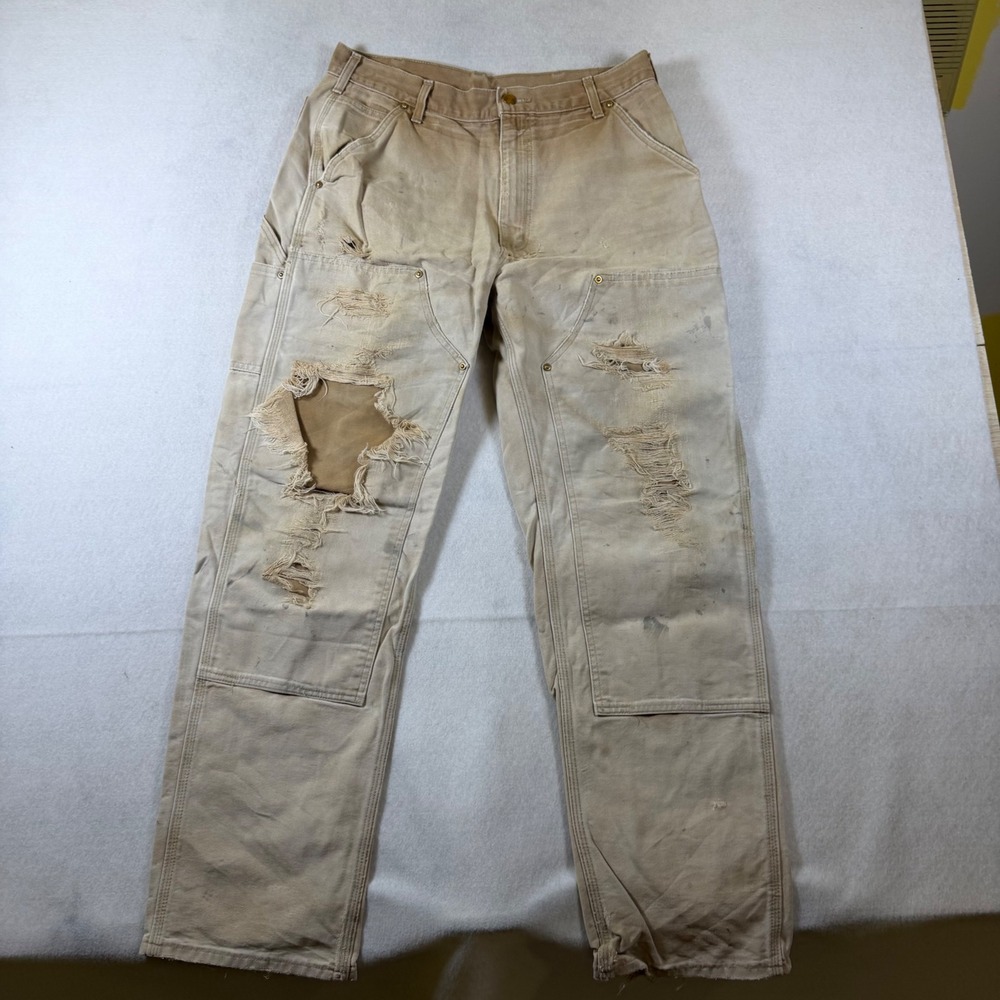 Vintage Carhartt Double Knee Work Pants Tan Made in USA 34x32 Distressed Thrash - Picture 2 of 6